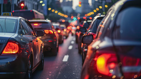 A traffic jam on a highway with cars lined up, symbolizing urban congestionの素材
