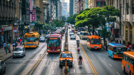 A city street with colorful buses, taxis, and bicycles sharing the road with pedestrians.の素材