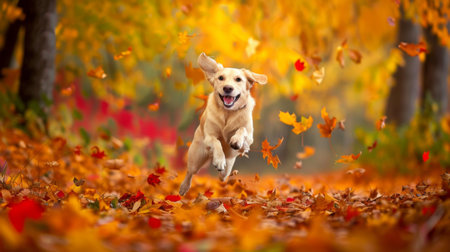 A dog jumping joyfully through a field of colorful autumn leaves during a brisk fall day.の素材