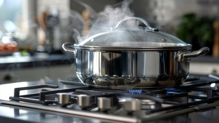 A modern stainless steel cooking pot simmering on a gas stove, steam rising from the boiling contents.の素材