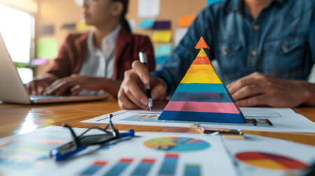 A marketing strategist analyzing customer demographics with a demographic pyramid graph.の素材