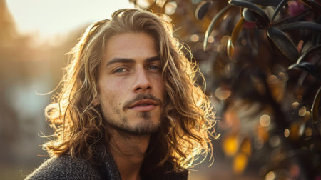 A man with long wavy hair, styled with a natural flow and highlighted by sunlight outdoorsの素材