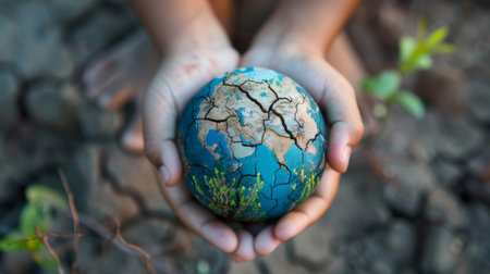 A person holding a globe with cracked dry land and dead plants, depicting the effects of climate change.の素材