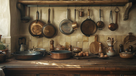 A kitchen scene with various cooking utensils, including pots and pans, arranged on a wooden countertopの素材