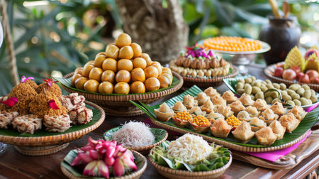 A traditional Thai dessert table with kanom krok (coconut pancakes), luk chup (fruit-shaped mung bean sweets), and more.の素材