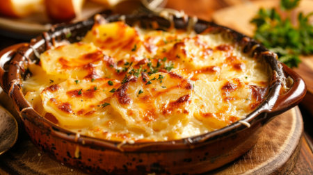 A traditional dish of scalloped potatoes with melted cheese and a crispy top layer.の素材