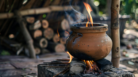 A traditional Thai clay pot used to brew herbal drinks, placed on a charcoal stoveの素材