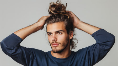 A man with a trendy man bun hairstyle, tying up his long hair with a confident expression.の素材