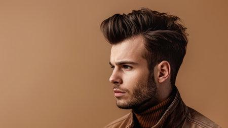 A man with a stylish pompadour hairstyle, showcasing volume and texture, against a neutral background.の素材
