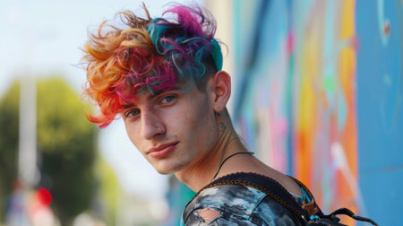 A young man with a vibrant colored hair, showcasing a bold and artistic approach to personal style.の素材