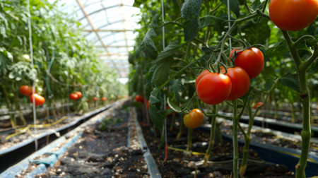 A tomato plant in a greenhouse with ripe red tomatoes hanging from the vines.の素材