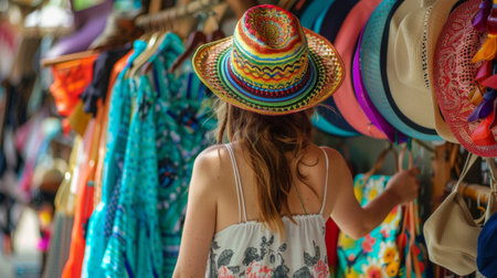 A woman choosing a colorful beach bag from a rack in a resort boutique, with sun hats and sandals nearby.の素材
