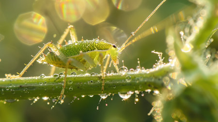 An aphid feeding on a plant stem, with droplets of honeydew glistening in the sunlight.の素材