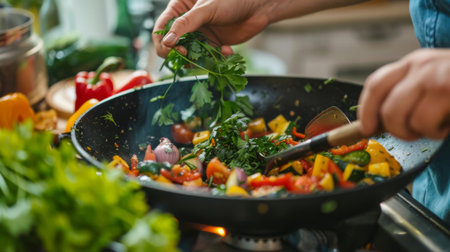 A person adding fresh herbs to a sizzling stir-fry in a non-stick wok, with vibrant veggies cooking.の素材