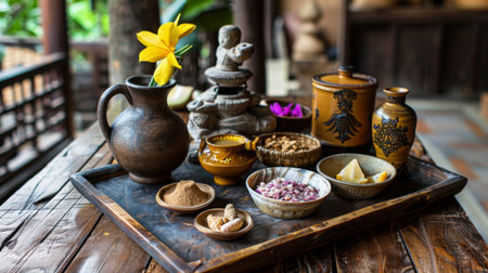 A wooden tray with traditional Thai herbal drinks, including nam dok anchan and nam bai bua bok, served with traditional snacks.の素材