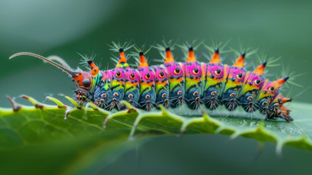 Close-up of a caterpillar munching on a leaf, with its vibrant colors and tiny hairs visible.の素材