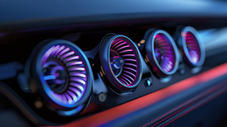 Close-up of tweeters installed on a car dashboard, designed to deliver clear high-frequency audio.の素材