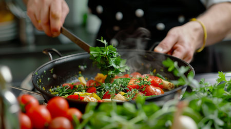 Close-up of a chef garnishing a dish in a serving pan with fresh herbs and spices before serving.の素材