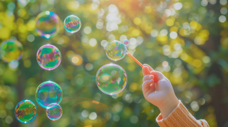Close-up of a child's hands holding a bubble wand, blowing colorful soap bubbles outdoors.の素材