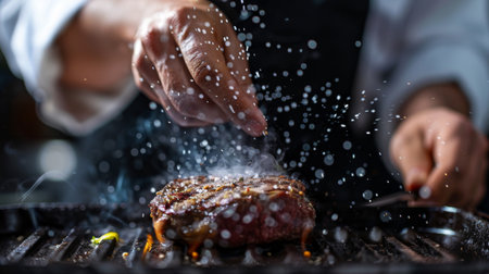 Close-up of a chef's hands seasoning a sizzling steak in a hot grill pan, creating grill marks.の素材