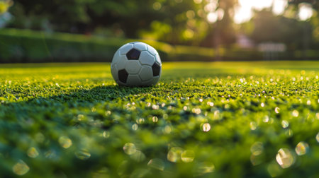 Close-up of a soccer ball resting on a green grass field, showcasing the texture and vibrant color of the turf.の素材