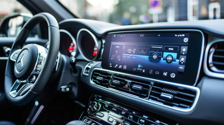 Dashboard view of a modern car audio system with touchscreen controls and digital equalizer.の素材
