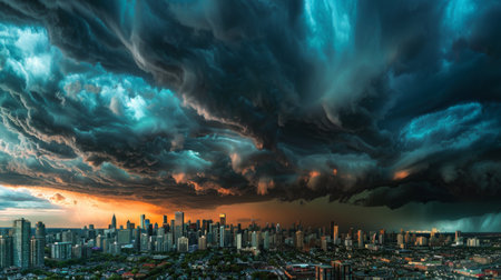Dramatic storm clouds gathering over a city skyline, signaling an impending thunderstorm.の素材