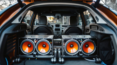 Subwoofers and amplifiers neatly organized in a car trunk, showcasing a powerful audio setup.の素材