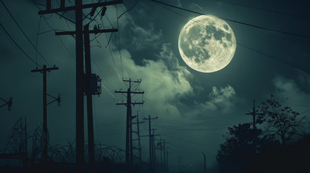 Power lines silhouetted against a full moon, creating a striking and atmospheric image.の素材