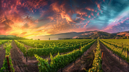 Panoramic view of a vineyard at sunrise, with rows of grapevines under a colorful sky.の素材