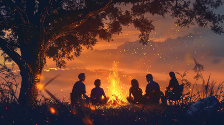 Silhouette of a family sitting around a campfire, sharing stories and enjoying the evening light.の素材