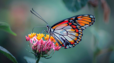 Macro close-up of a colorful butterfly perched on a flower, with delicate wings spread open.の素材