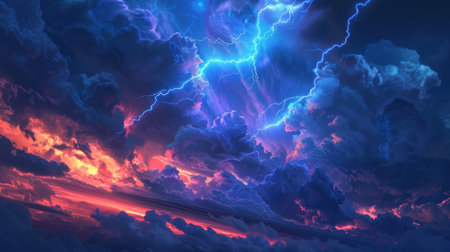 Lightning streaking across a stormy night sky, illuminating clouds with a surreal glow.の素材