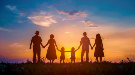 Silhouette of a family holding hands and forming a chain, creating a powerful symbol of connection and support.の素材