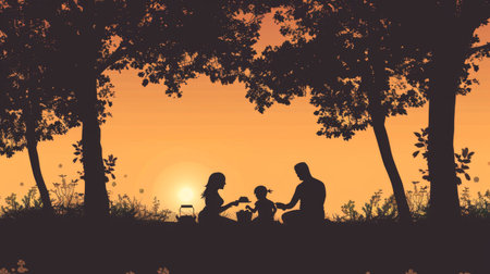Silhouette of a family having a picnic in a park, with trees and a setting sun in the background.の素材