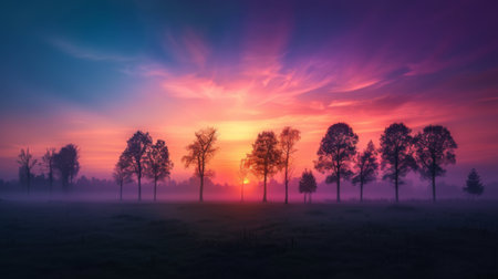 Silhouette of trees against a colorful sky as the sun rises on a misty morning in the countryside.の素材