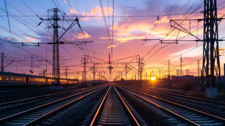 Power lines crisscrossing above a railroad track, with a train passing underneath.の素材