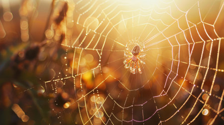 Macro view of a spider spinning a delicate web, with glistening silk threads in the sunlight.の素材