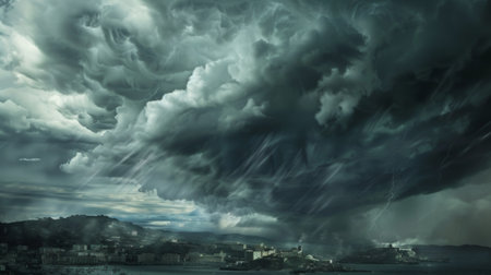 Thick nimbostratus clouds bringing heavy rain over a coastal town, with dark gray clouds filling the sky.の素材