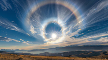 Wispy cirrostratus clouds creating a halo around the sun, casting a soft glow over the landscape.の素材