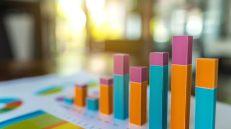 A bar graph comparing quarterly profits, highlighted with vibrant colors, on a presentation slide.の素材