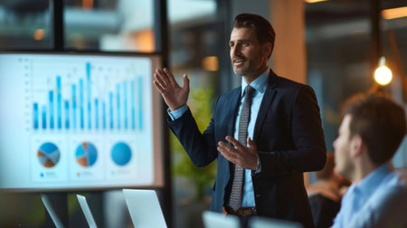 A businessman presenting a growth graph to his team, indicating successful business strategies.の素材
