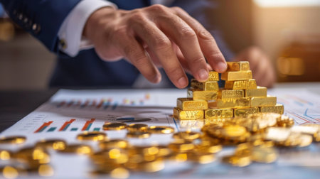 A businessperson reviewing a gold price report with graphs and charts, highlighting key trends.の素材