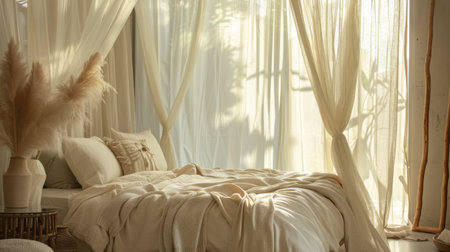 A bed with a dreamy canopy and plush bedding, creating a serene and inviting atmosphere in a tranquil bedroom.の素材