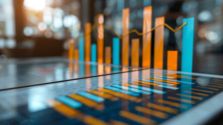 A bar graph with ascending bars, representing financial performance over the years.の素材