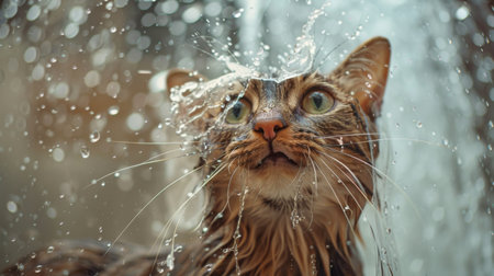 A cat shaking off water after a bath, with droplets flying and a surprised expression.の素材