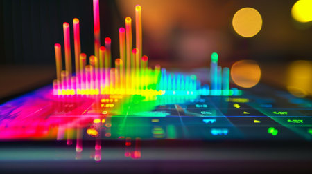 A bar graph with data points highlighted in different colors, displayed on a digital tablet.の素材