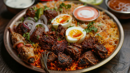 A beautifully arranged plate of biryani with tender pieces of meat, served with a boiled egg and raita.の素材