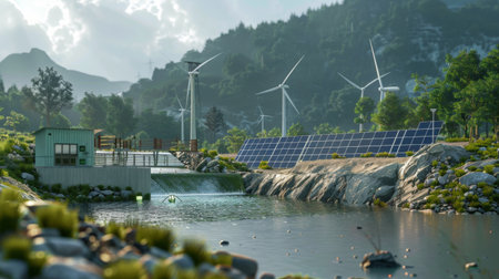 A clean energy power plant with solar panels, wind turbines, and a small hydroelectric setup, showcasing various renewable energy sources.の素材