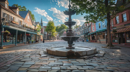 A charming historical town square with cobblestone streets, quaint shops, and a classic fountain.の素材